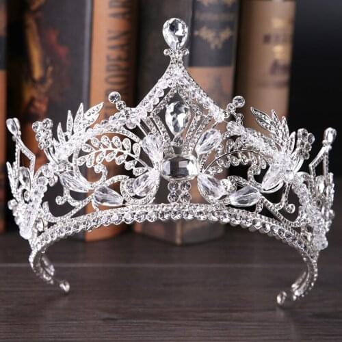 FORSEVEN Baroque Style Silver Color Crystal Leaf Tiaras Crown de Noiva Bride Bridal Wedding Party Hair Jewelry Accessories