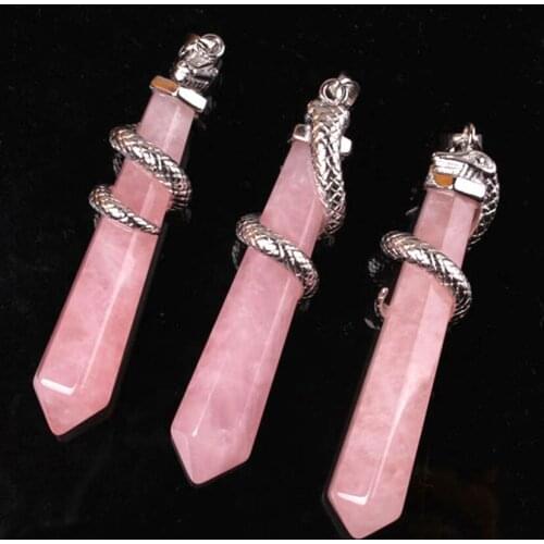 Trendy-beads Attractive Design Silver Plated Snake Wrap Hexagon Prism Natural Rose Pink Quartz Pendant Animal Jewelry