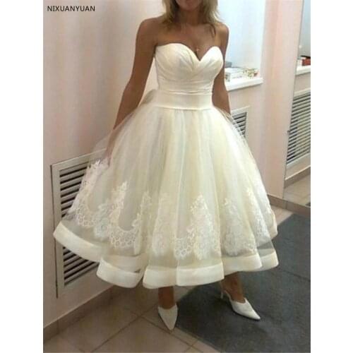 Vestido De Noiva 2021 White Sweetheart Neck Sleeveless A-Line Short Wedding Dress Backless Tea-length Bridal Gown Robe De Mariee