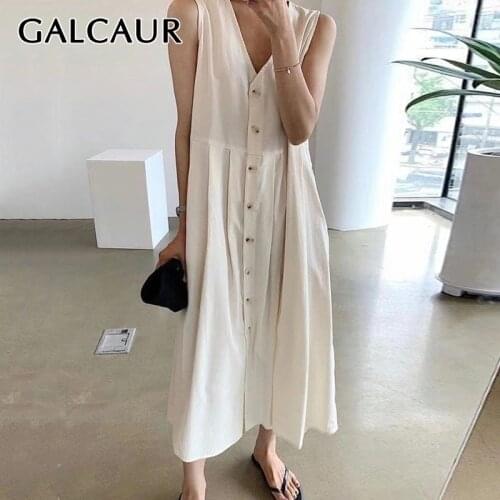 GALCAUR Vintage Solid Dress For Women V Neck Sleeveless High Waist A Line Ankle Length Ruched Dresses Female 2021 Summer Clothes