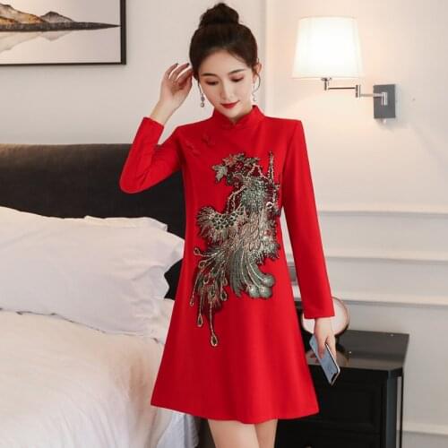 New Fashion Improved cheongsam Plus size Stand Collar Long Sleeve Phoenix Embroidered black red Chinese Style Dress