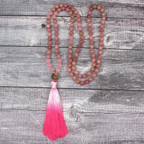 108 Mala Beads Necklace 8mm Natural Pink Rhodonite Hand Knotted Meditation Necklaces Yoga Tassel Necklace Clothing Decorative