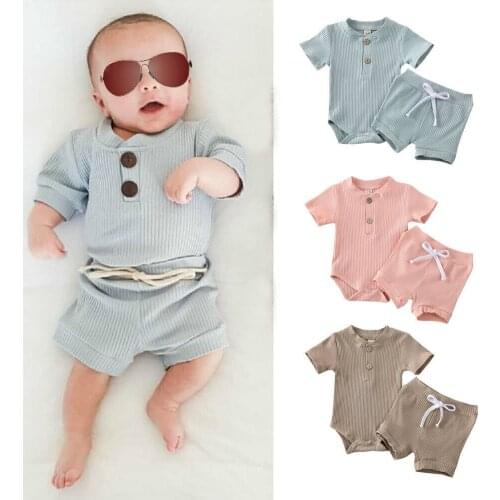 2pcs Newborn Kids Baby Boy Girl Clothes Set Short Sleeve Bodysuit and Shorts Ribbed Solid Outfits Set 6-24 Months