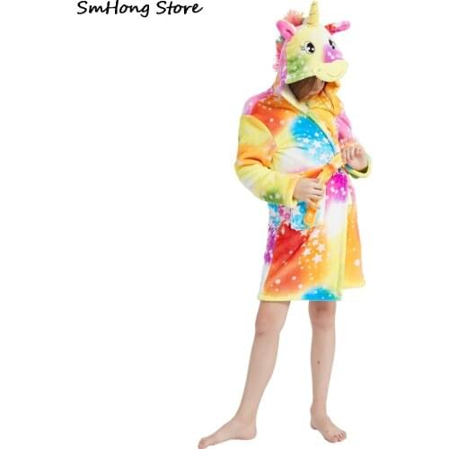 Childrens Flannel Soft Unicorn Girls Bathrobe Baby Pyjamas Pijamas Unicornio Pijamas Unicorn Beach Towels for 2-14Years