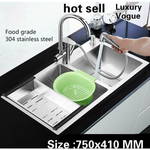 Free shipping Kitchen manual sink double groove high capacity multifunction wash vegetables wogue 304 stainless steel 75x41 CM