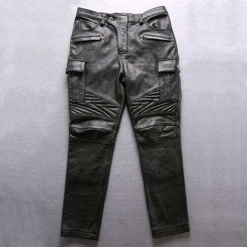 ARLEY ANGEL Genuine Leather Pants Mens Profession Motorcycle Biker Trousers Slim Fit Cowskin Real Leather Pants Black Pants Men