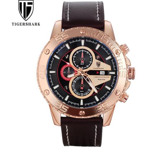 Fashion men sport watches TIGERSHARK brand men quartz watch rose gold genuine leather wristwatches with gift box 30M waterproof