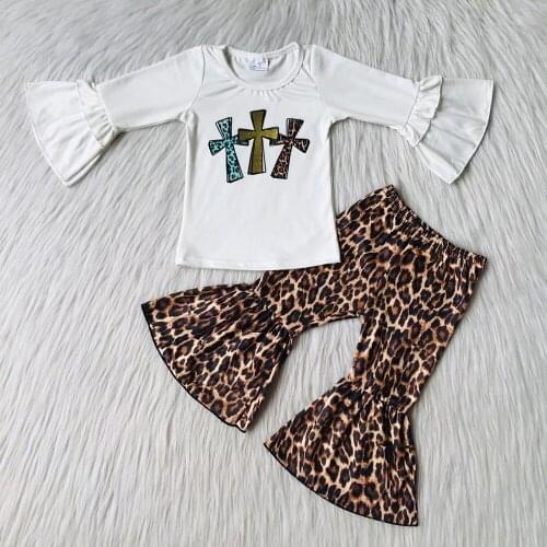Wholesale High Quality Kids Long Sleeve Outfits Baby Girls Ruffle Top And Bell Pants Set Infants Easter Day Clothing Set