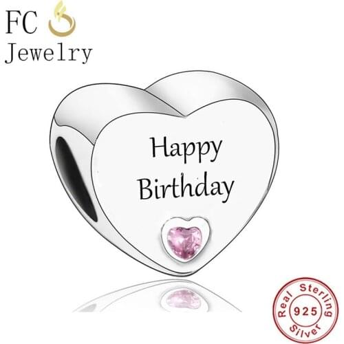FC Jewelry Fit Original Pandora Charm Bracelet Real 925 Silver Happy Birthday Pink Zircon Beads For Making Women Berloque 2021