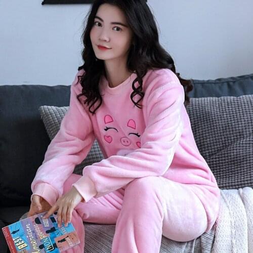 H5999 Korean Warm Pajamas Girl Thick Coral Velvet Nightgown Cartoon Flannel Long Sleeve Women Winter Lovely Home Clothes Suit