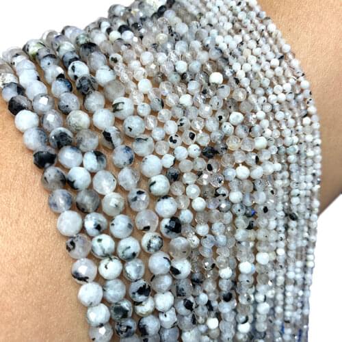 Fine AAA 100% Natural Stone Black White Moonstone Faceted Round Spacer Beads For Jewelry Making DIY Bracelet Necklace 2/3/4MM