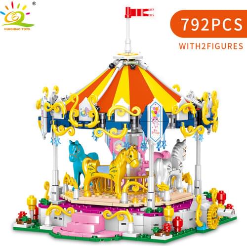 HUIQIBAO 792pcs Amusement Park Carousel Model Micro Building Blocks City Street View Mini Bricks Merry-go-round Toys Children