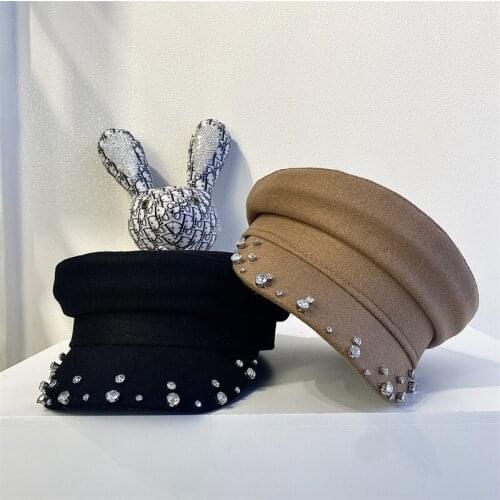 Rhinestone military cap fashion cap womens thin face small peaked cap Europe and America retro elegant hand-stitched beret
