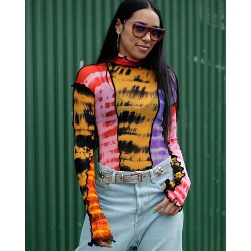 Fashion Mesh Colorful Printing Ruffled Tops Women Basic T-Shirt Long-Sleeved High-Necked Hot Slim T Shirt Mujer Tees
