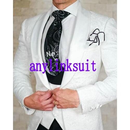 Fashion Side Vent One Button White Paisley Groom Tuxedos Groomsmen Shawl Lapel Mens Suits Blazers (Jacket+Pants+Vest+Tie) W:1276