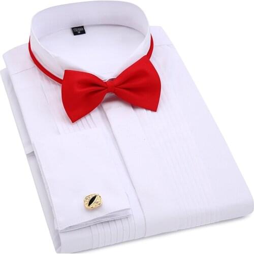 Men Wedding Tuxedo Long Sleeve Dress Shirts French cufflinks Swallowtail Fold Dark button design Gentleman shirt White Red Black