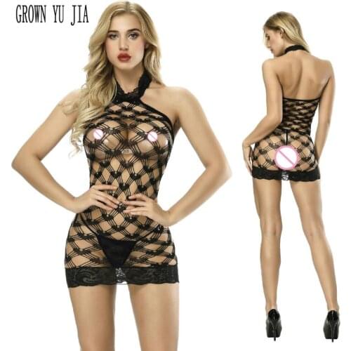 New Sexy fishnet lingerie Hot babydoll Hollow out Erotic net dress jacquard perspective Sexy halter Sling Skirt porno costumes