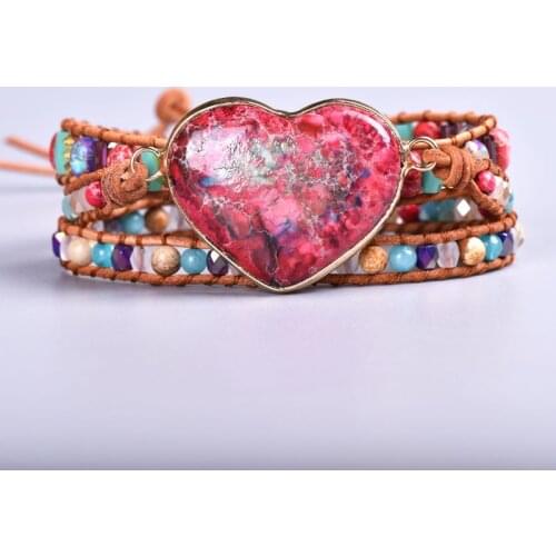 Wholesale Premium Spiritual Heart Shape Leather Wrap Bracelets Mix Stone Jaspers Beads Strand Bracelet Classic Jewelry Dropship