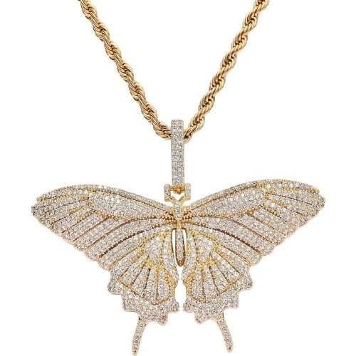 Micro Paved AAA+ Cubic Zirconia Bling Ice Out Butterfly Pendants Necklaces for Men Women Hip Hop CZ Rapper Jewelry Gold Color