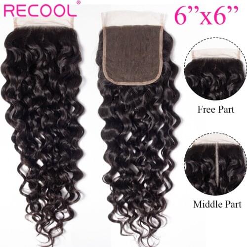 Recool Hair 6x6 Lace Closure Brazilian Water Wave Closure Pre Plucked Free Middle Part 6x6 Swiss Lace Human Hair Closure
