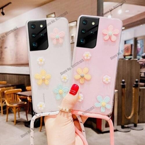 Lanyard Neck Strap Phone Case For Samsung S21 Ultra S20 Plus A82 M62 A32 A72 Note 20 Ultra 3D Daisy Flower Silicone Clear Cover