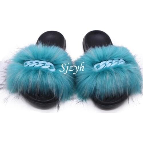 Womens Summer Fake Fox Fur Slides Fashion Chain Fur Slippers Ladies Faux Fur Sandals Fluffy Fur Flip Flops Female Designer Shoes