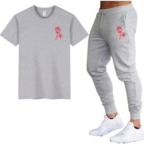 Summer Mens Sets O-neck T Shirts+pants Casual Tracksuit Male women cotton t shirt Rose logo print Gyms Fitness trousers men