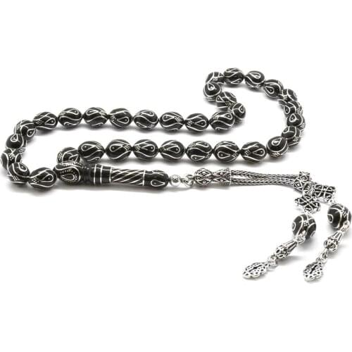 Tesbihane 925 Sterling Silver Tassels Silver Engraved Barley Cut Erzurum Oltu stone Rosary (M-1)