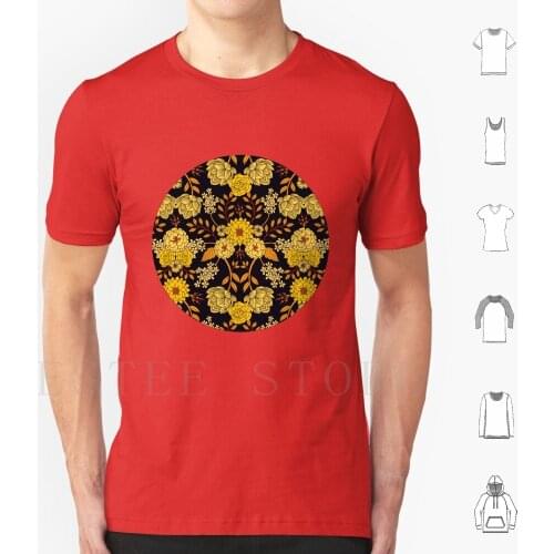 Yellow , Orange & Navy Blue Dark Floral Pattern T Shirt DIY Big Size 100% Cotton Yellow Orange Navy Blue Dark Flowers Floral