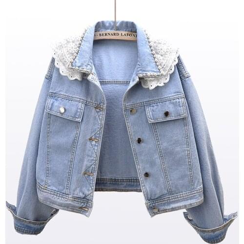 2021 Spring Korean Beading Lace Splice Collar Denim Jacket Women Chaqueta Mujer Loose Long sleeve Short Jeans Jacket Coat Female