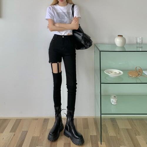Womens pants summer traf Pants Korean sexy hollow high waist black jeans thin section nine points thin elastic y2k Womens jean