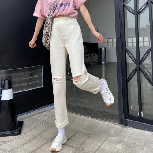 Summer Women Jeans Trendy Simple Korean Style All-match Solid Hole High Waist Streetwear Womens Thin Denim Trousers Ripped Jeans
