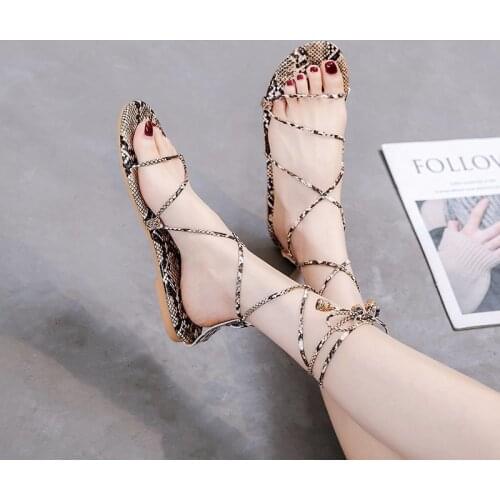 Women Snake Pattern Flat Sandals Cross-strap Beach shoes