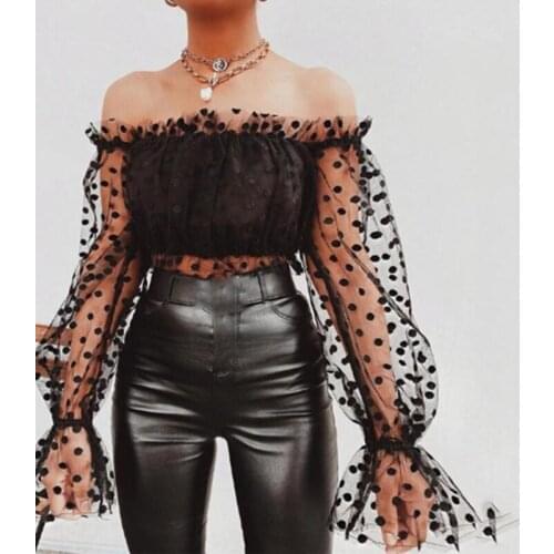 Polka Dot Off Shoulder Crop Top Women Tshirts Vintage Long Sleeve Strapless Short T-shirt Casual Party Club wear Shirt