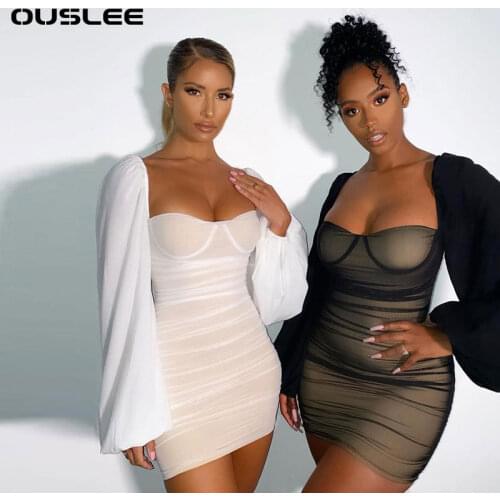 OUELEE Spring Women New Lantern Sleeve Mesh Mini Dress Ruched Bodycon Dress Clubwear Sexy Black Backless French Romantic Dress