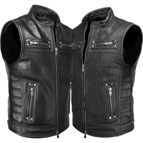 2020 Black Men American Bikers Leather Plus Size XXXXL Genuine Cowhide Spring Slim Fit Motorcycle Vest FREE SHIPPING