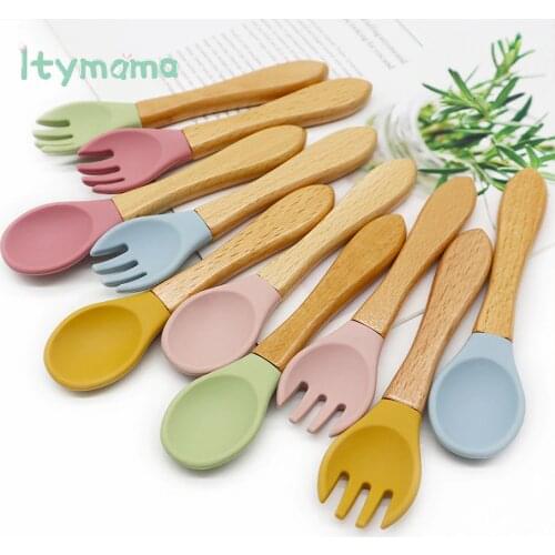 1pc Baby Wooden Silicone Spoon Solid Feeding Dishes Toddler Infant Feeding Spoon BPA Free Silicone Tableware Childrens Goods