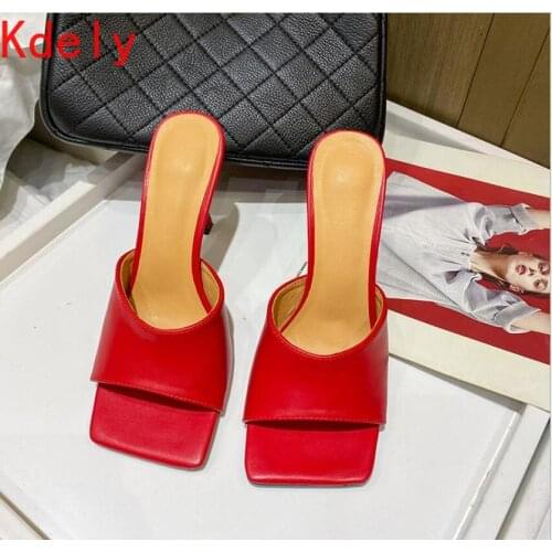 2021 New Summer Cozy Soft PU Leather Square Toe Women High Heel Mules Slippers Fashion Outdoor Party Dress Ladies Shoes