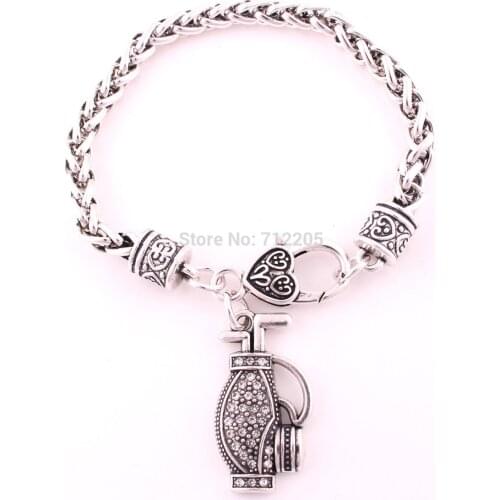 Lobster Claw 30pcs antique silver Wheat Link Bracelet Chain with Golf Bag Crystal Pendant Bracelet