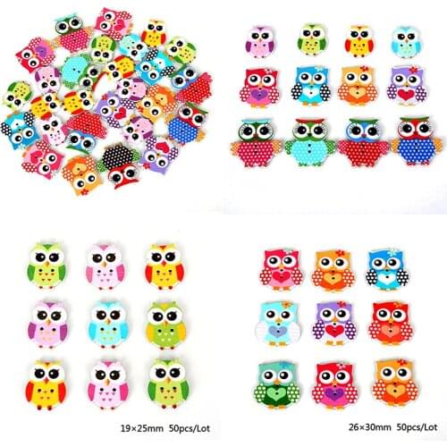 50Pcs/lot Exquisite Wood Sewing Button Scrapbooking Garment Clothes DIY Decor Owl Mixed Two Holes 19*25mm/26*30mm/32*33mm