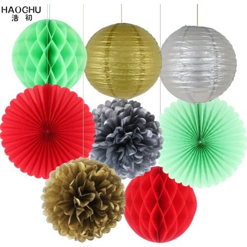 8pcs/set Paper Lanterns/Fans/Flowers Decor Set Birthday Party Home Wall Decorations Party Backdrop Gender Reveal Boy Baby Shower
