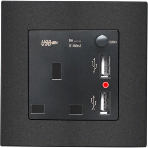 UK 86 Wall Socket AC Electrical Power Outlet Plug Adaptor Adapter With Switch Indicator Built-in 2 USB Charger 2100mA 13A 250V