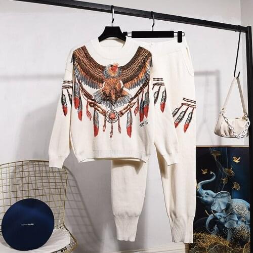 Black White Gray Knitted Tracksuits Women Outfits Beading Eagle Pullover Sweater Pencil Pants Loose Casual Two Piece Set Female