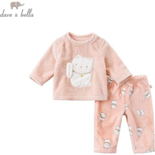 DB16078 dave bella winter baby girls fashion cartoon cat letter bow pajamas newborn baby underwear casual sleepwear 2 pcs suit