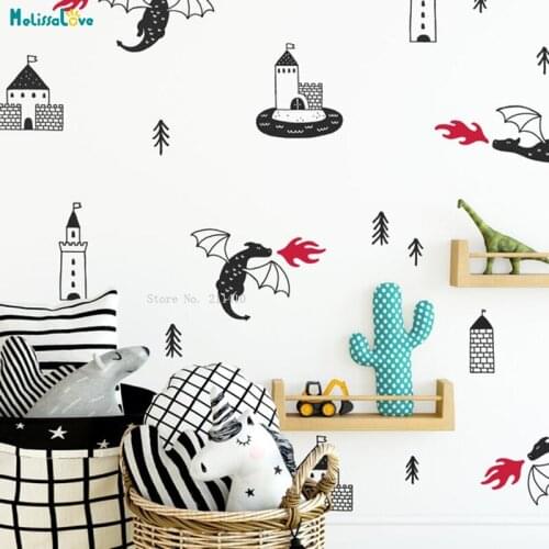 Dragon Decals Nursery Wall Decals Kids Room Decor Tree Decals Fantasy Castle Stickers Self-adhesive Murals YT4363