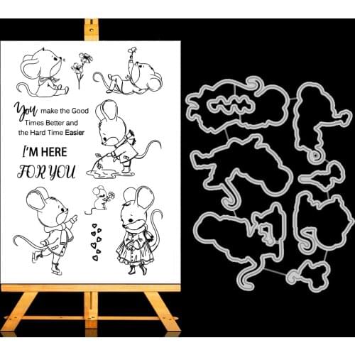 Two Happy Mice Metal Cutting Dies and Clear Stamp Set for DIY Scrapbooking Photo Album Decoretive Embossing Stencial