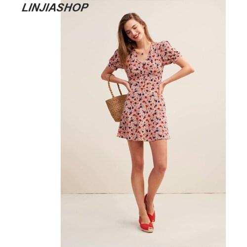 Elegant summer print red blue dress women zipper lining buttons v neck A line short high waist slim mini dress festa
