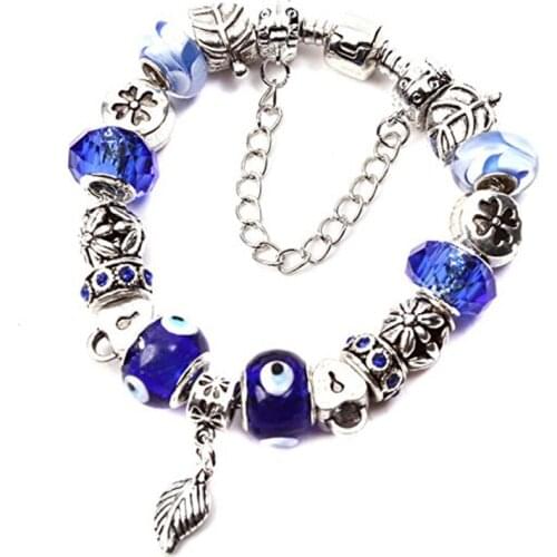 European Charm Bracelets Royal Blue Murano Glass Beads Charm Beads and Leaf Jewelry Findings Bracelets 7.9inch