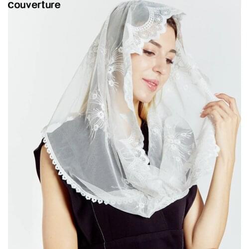 Couvert fashion lace cotton scarf bandana Infinity Church prayer wedding Mantilla Chapel White Embroidered hijab women scarf