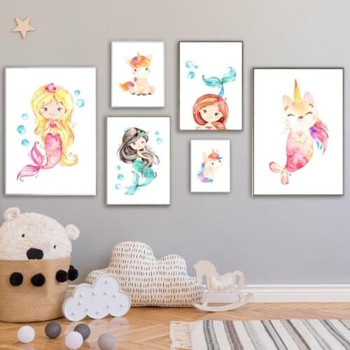 Kawaii Unicorn Mermaid Bubble Cartoons Nordic Posters And Prints Wall Art Canvas Painting Wall Pictures Kids Room Nursery Decor